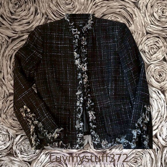 Pretty Vintage Nipon Boutique Jacket in Black/White Plaid with Silk Fringe Trim - Picture 2 of 12